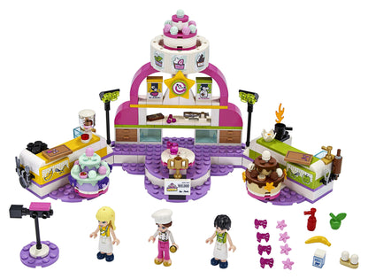 LEGO® Friends Baking Competition Playset 41393 featuring colorful cake displays and mini figures for creative play.