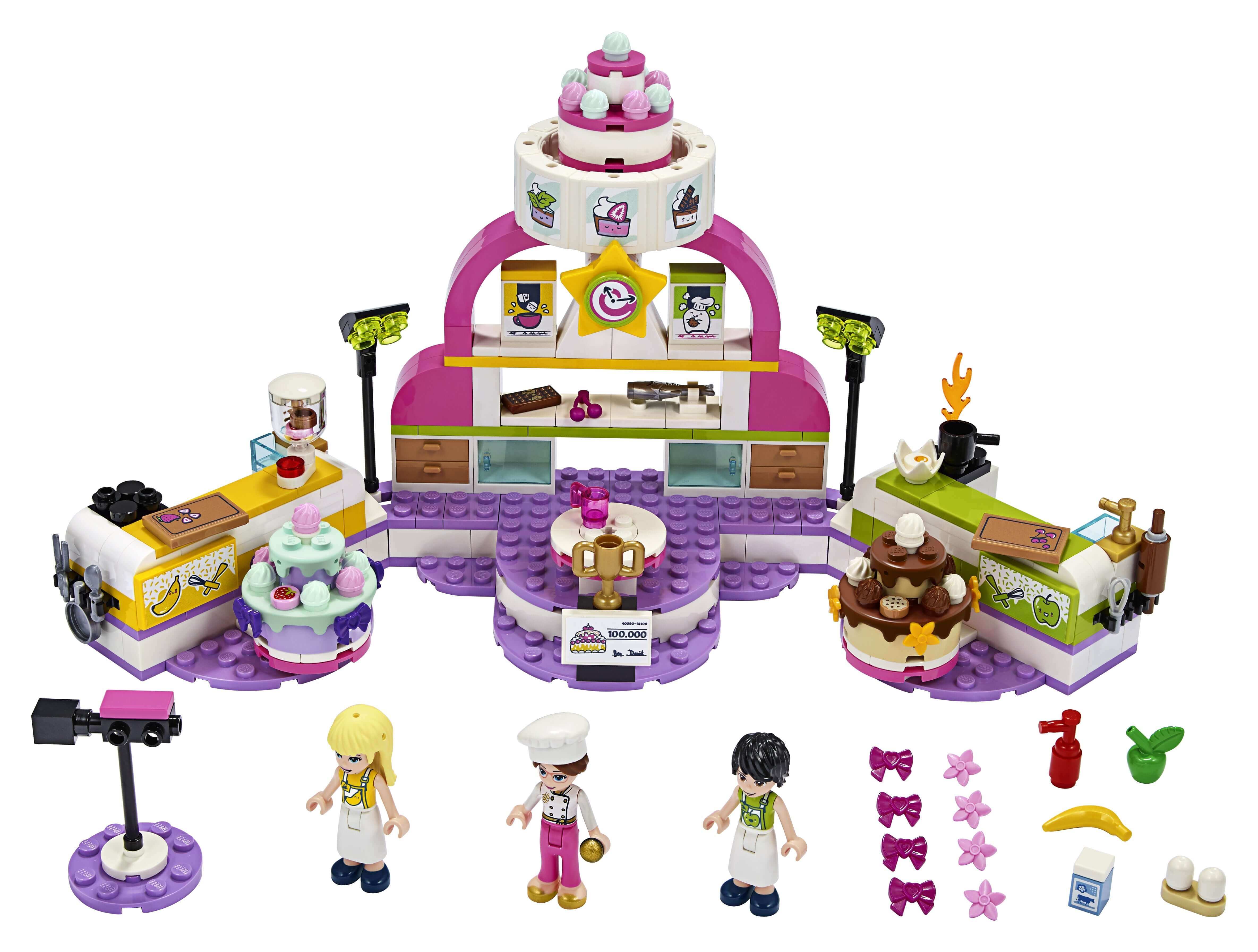 LEGO® Friends Baking Competition Playset 41393 featuring colorful cake displays and mini figures for creative play.