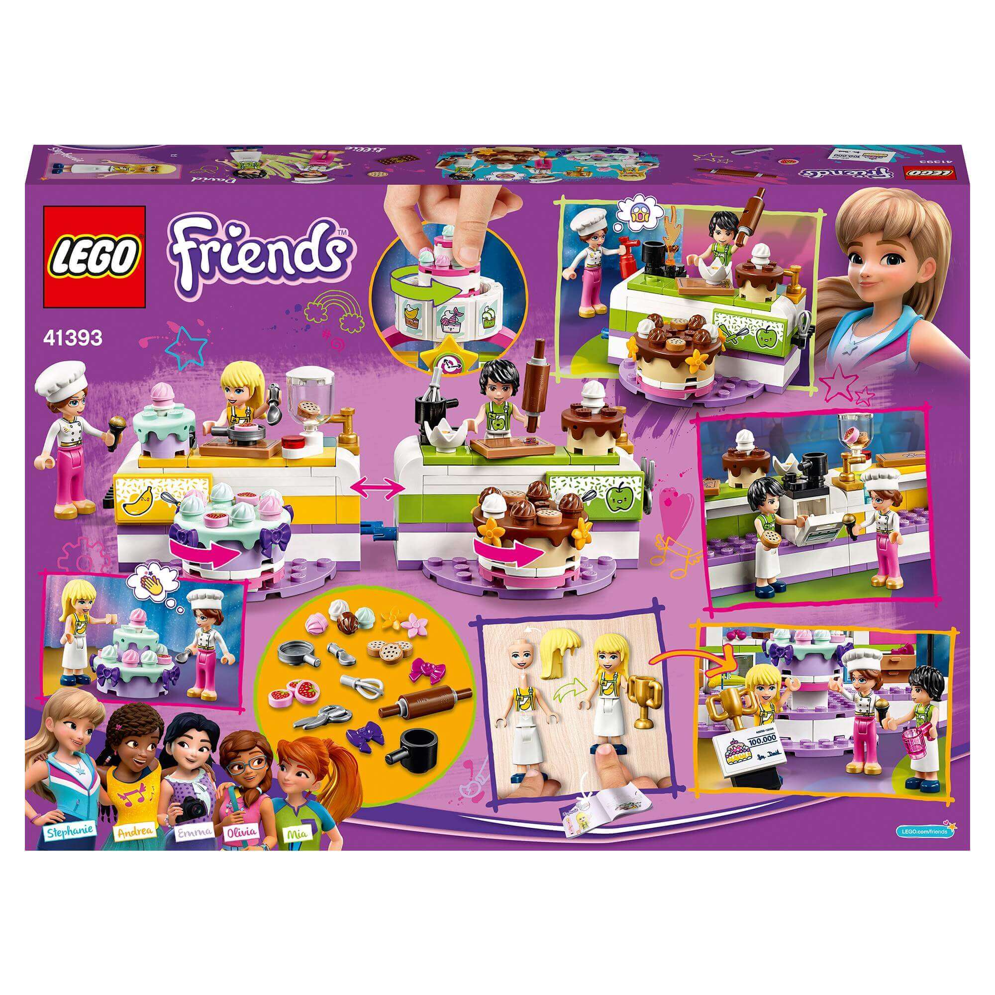 LEGO® Friends Baking Competition Playset 41393 featuring characters, cakes, and fun baking accessories for creative play.