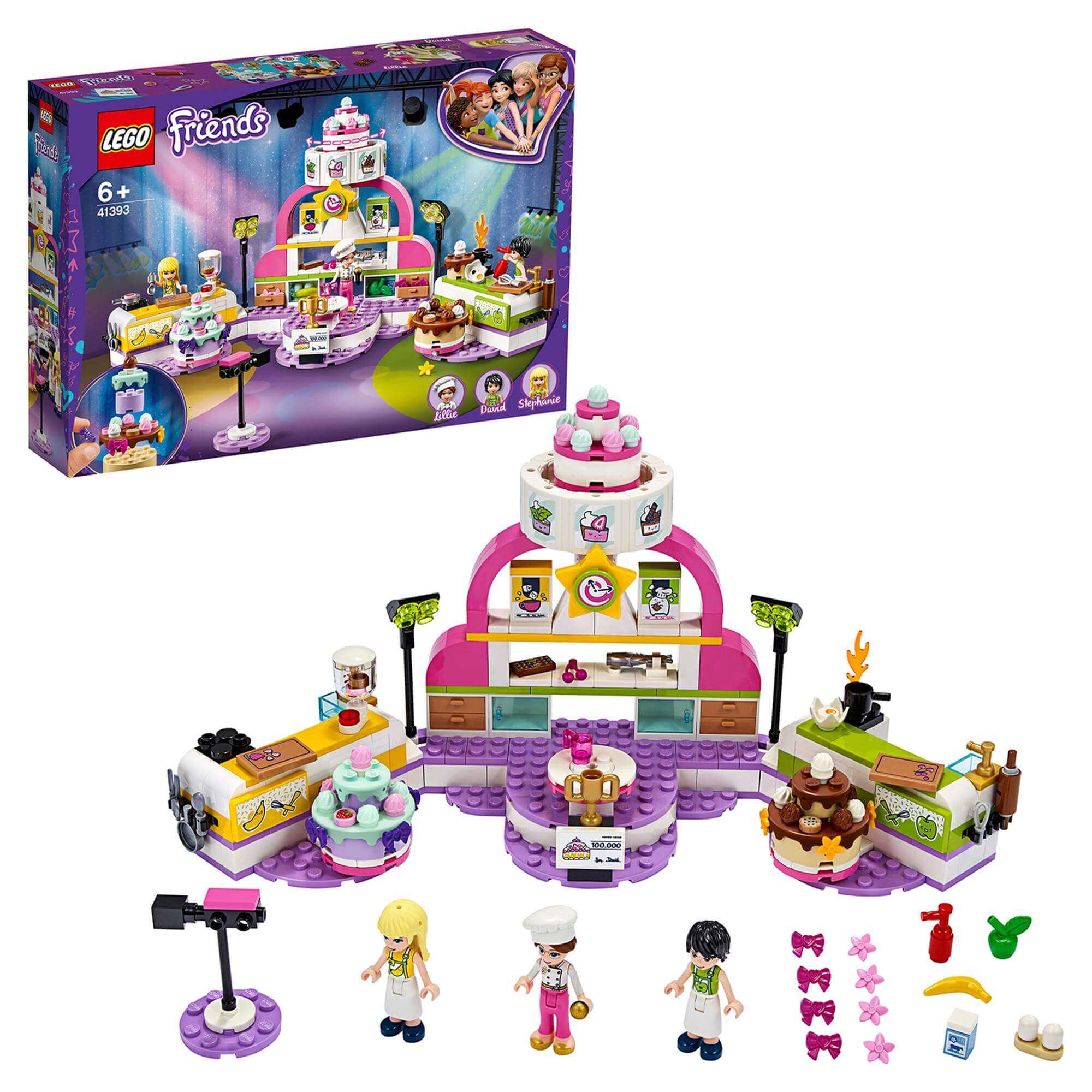 LEGO Friends Baking Competition Playset 41393 with colorful cakes, minifigures, and baking accessories for kids.