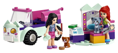 LEGO Friends Cat Grooming Car Toy featuring 2 minidolls and 2 adorable kittens in a colorful salon setup.