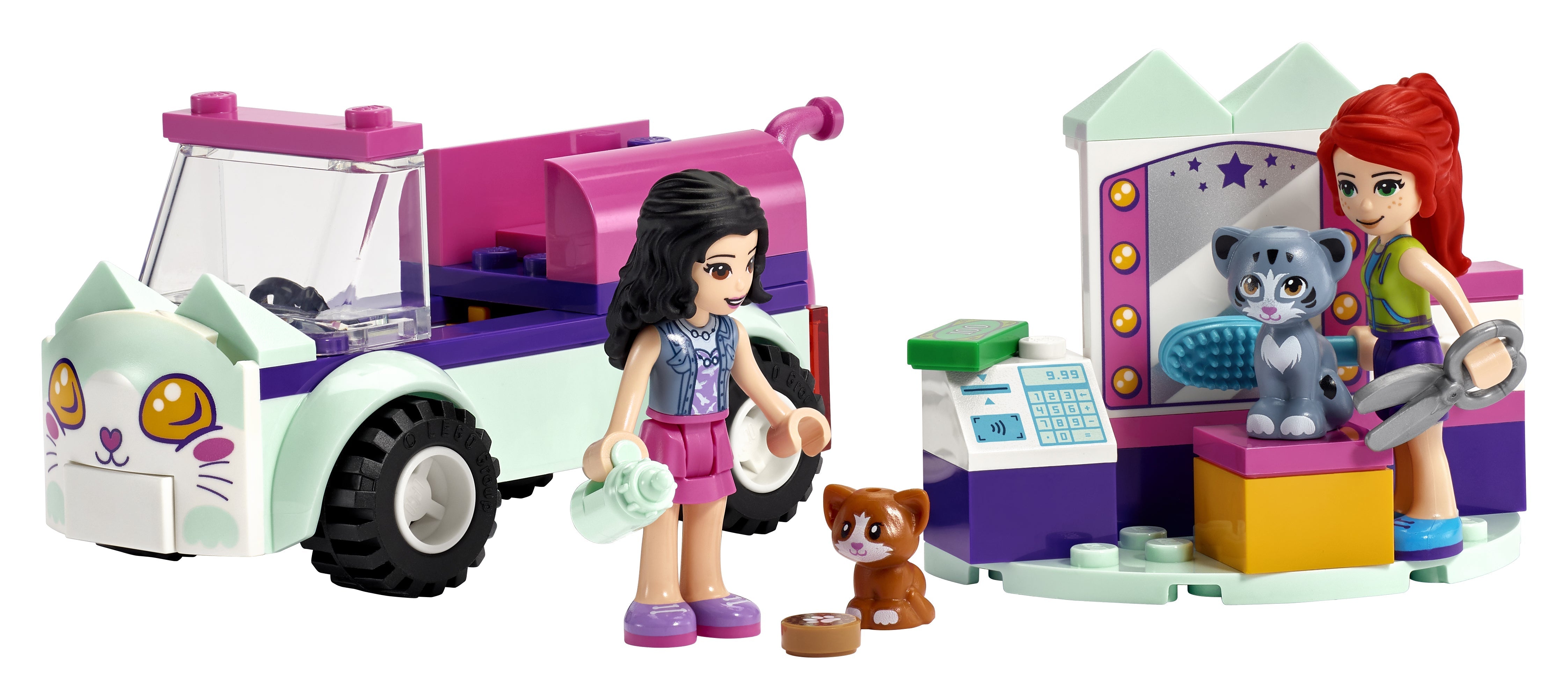 LEGO Friends Cat Grooming Car Toy featuring 2 minidolls and 2 adorable kittens in a colorful salon setup.