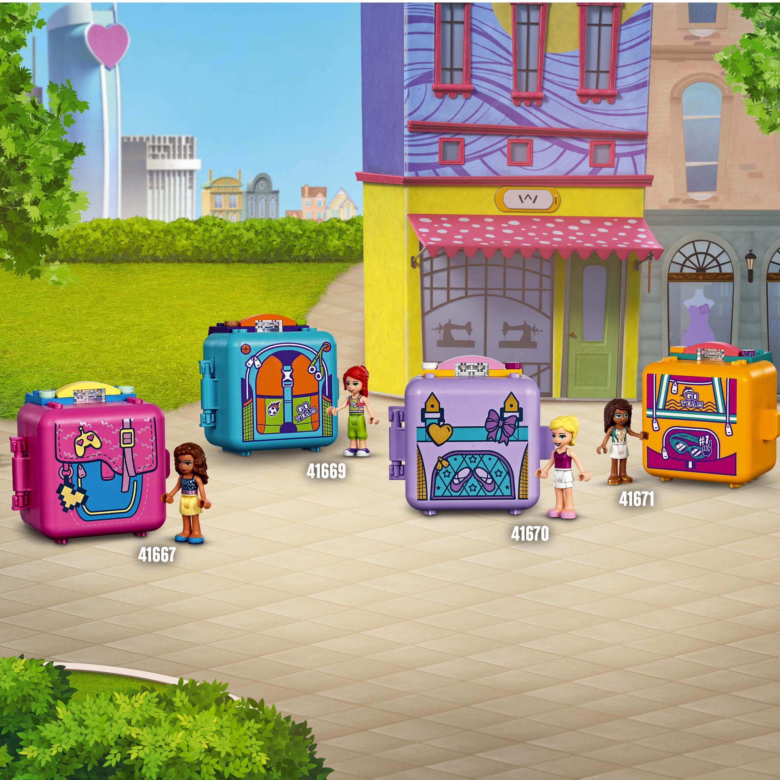 Colorful LEGO® Friends Fashion Cubes for creative play, showcasing portable designs and adorable characters outdoors.