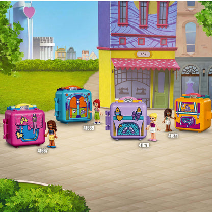 Colorful LEGO® Friends Fashion Cubes for creative play, showcasing portable designs and adorable characters outdoors.