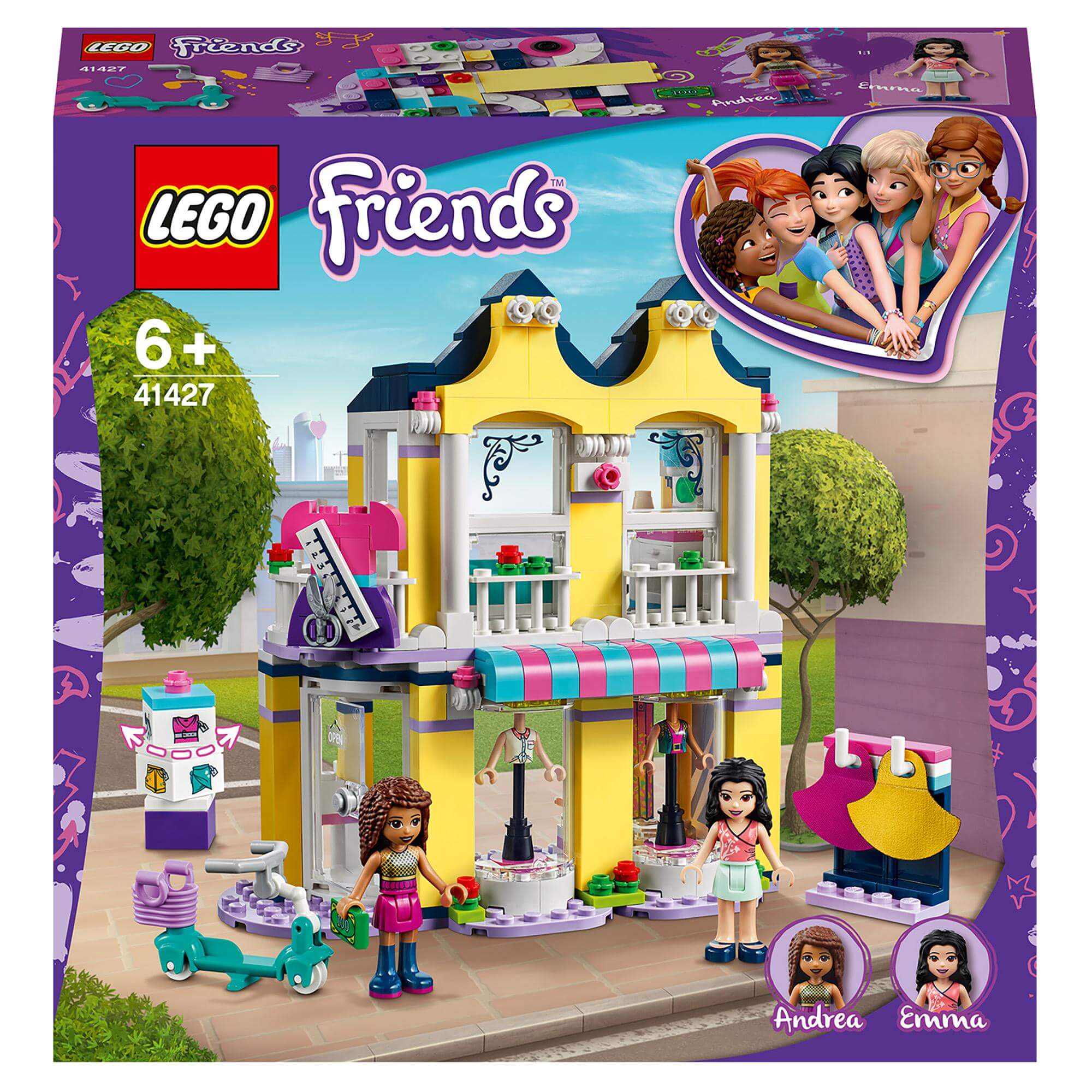 LEGO Friends Emma's Fashion Shop Play Set 41427 featuring dolls and a colorful fashion store.