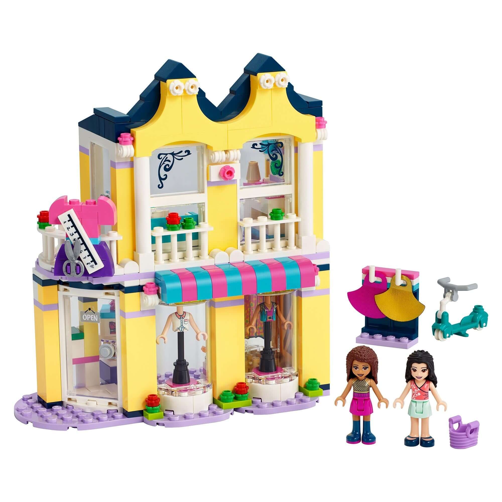 LEGO® Friends Emma's Fashion Shop playset 41427, featuring a colorful fashion store, dolls, and accessories for imaginative play.