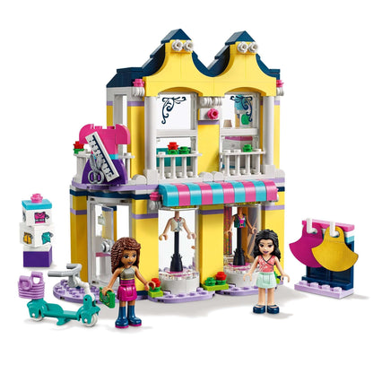 LEGO Friends Emma's Fashion Shop Playset 41427 with colorful building, fashion items, and two mini-dolls for imaginative play.