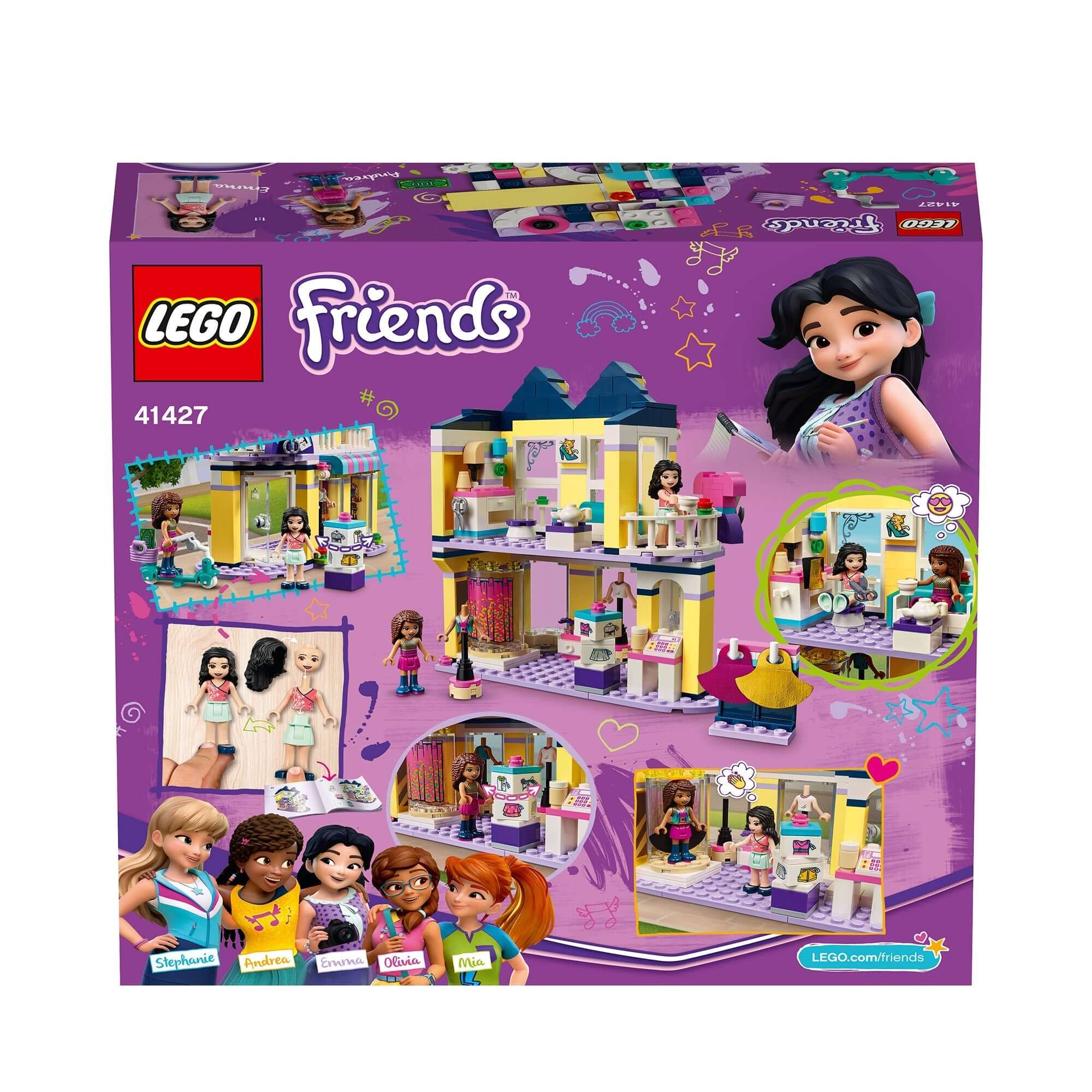 LEGO Friends Emma's Fashion Shop Play Set 41427 box featuring fashion store scenes and characters from the TV show.