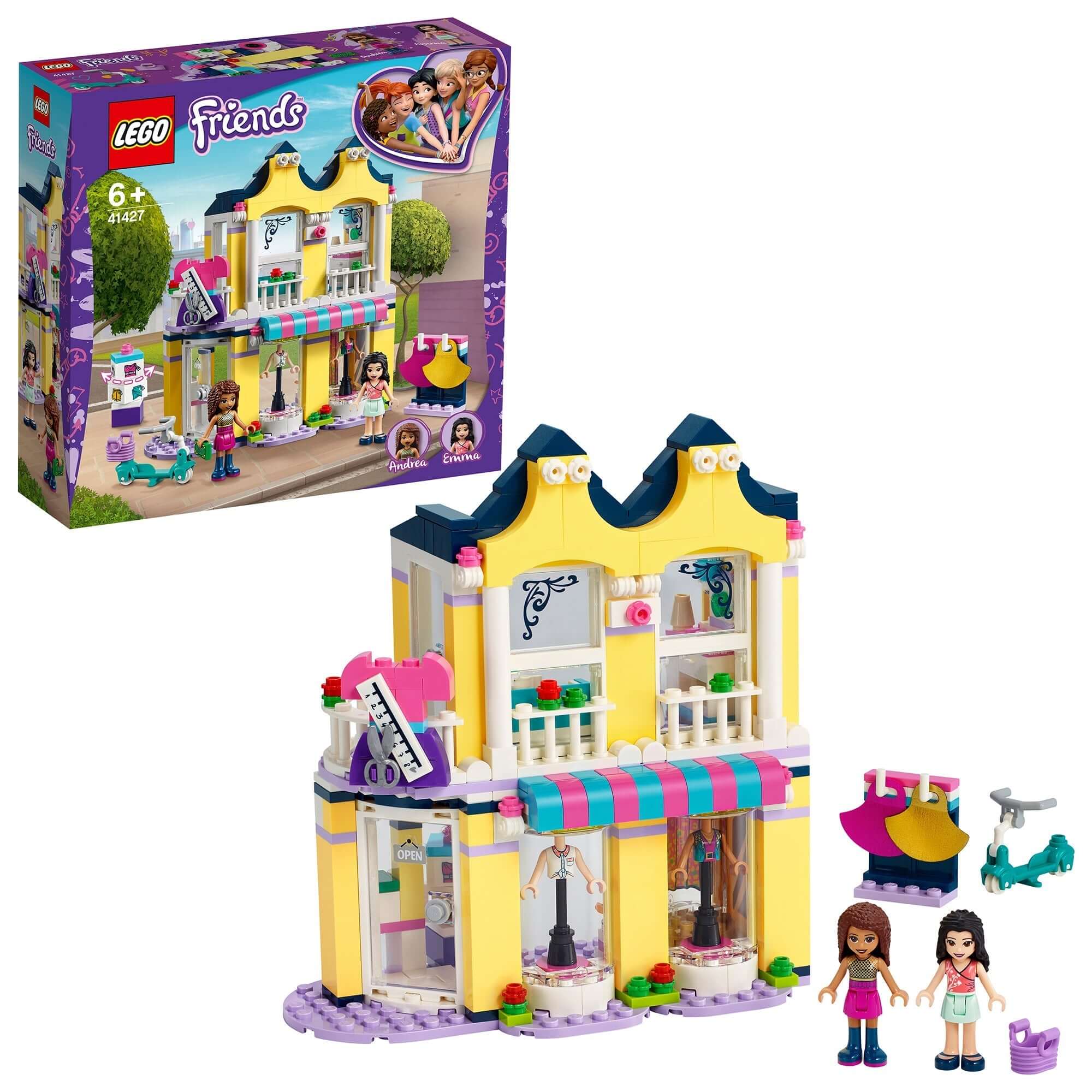 LEGO® Friends Emma's Fashion Shop Play Set 41427 featuring a colorful fashion store and two mini-dolls for kids.