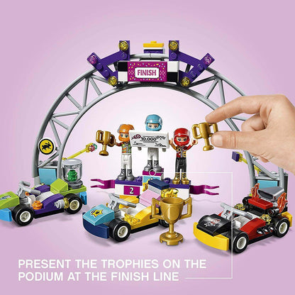LEGO® FRIENDS Heartlake The Big Race Day Playset with go-karts, podium, and trophies at the finish line.
