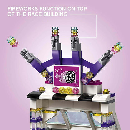 Fireworks function atop LEGO® Friends Heartlake race building, adding excitement to the race day playset.