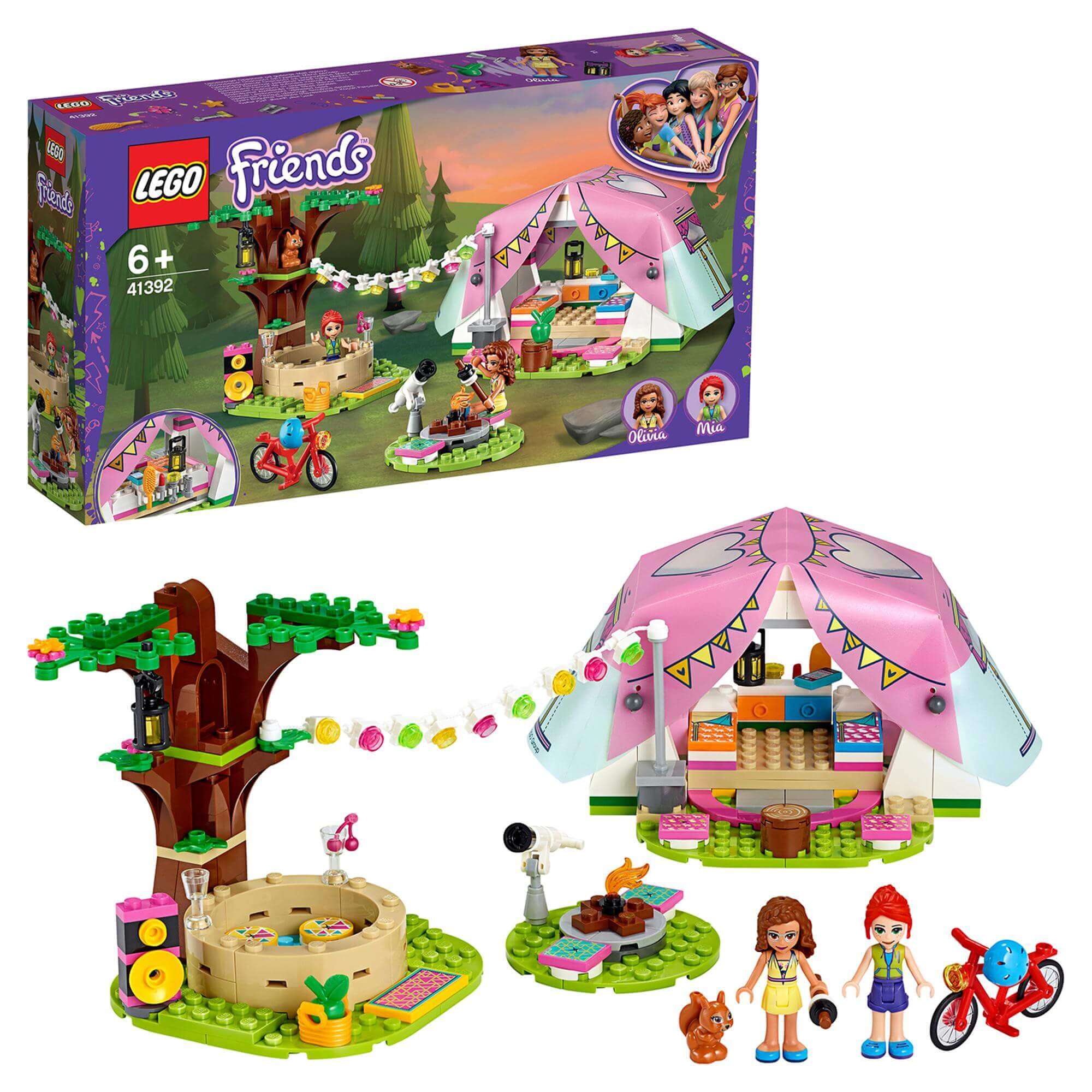 LEGO Friends Nature Glamping Set 41392 featuring camping tent, friends, and outdoor accessories for imaginative play.