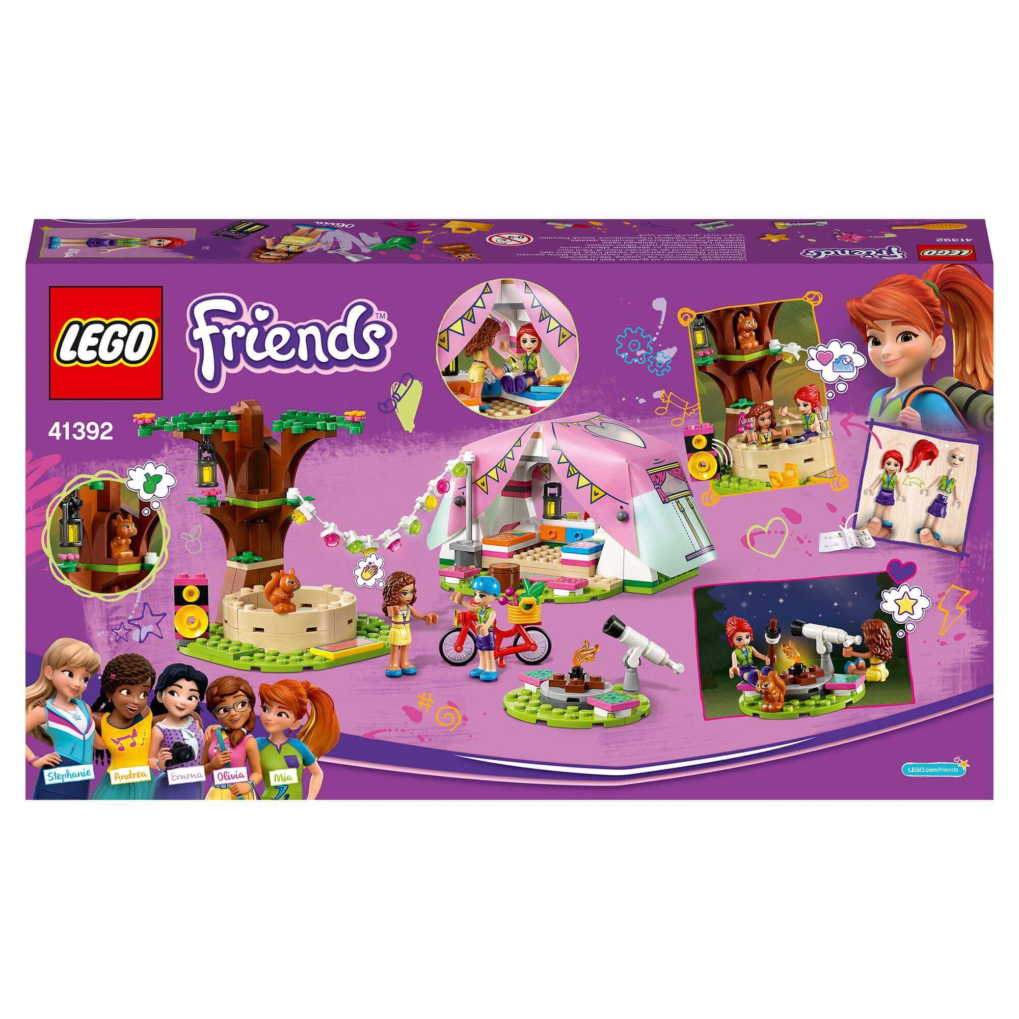 LEGO® Friends Nature Glamping Camping Set 41392 with tent, friends, and outdoor accessories for imaginative play.