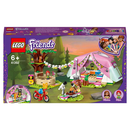 LEGO Friends Nature Glamping Set 41392 with tent, tree, and characters for outdoor pretend play and adventure.