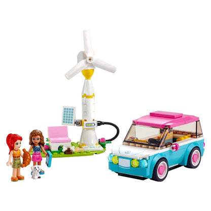 LEGO® Friends Olivia's Electric Car 41443 with charging station and two minifigures enjoying a green road trip.