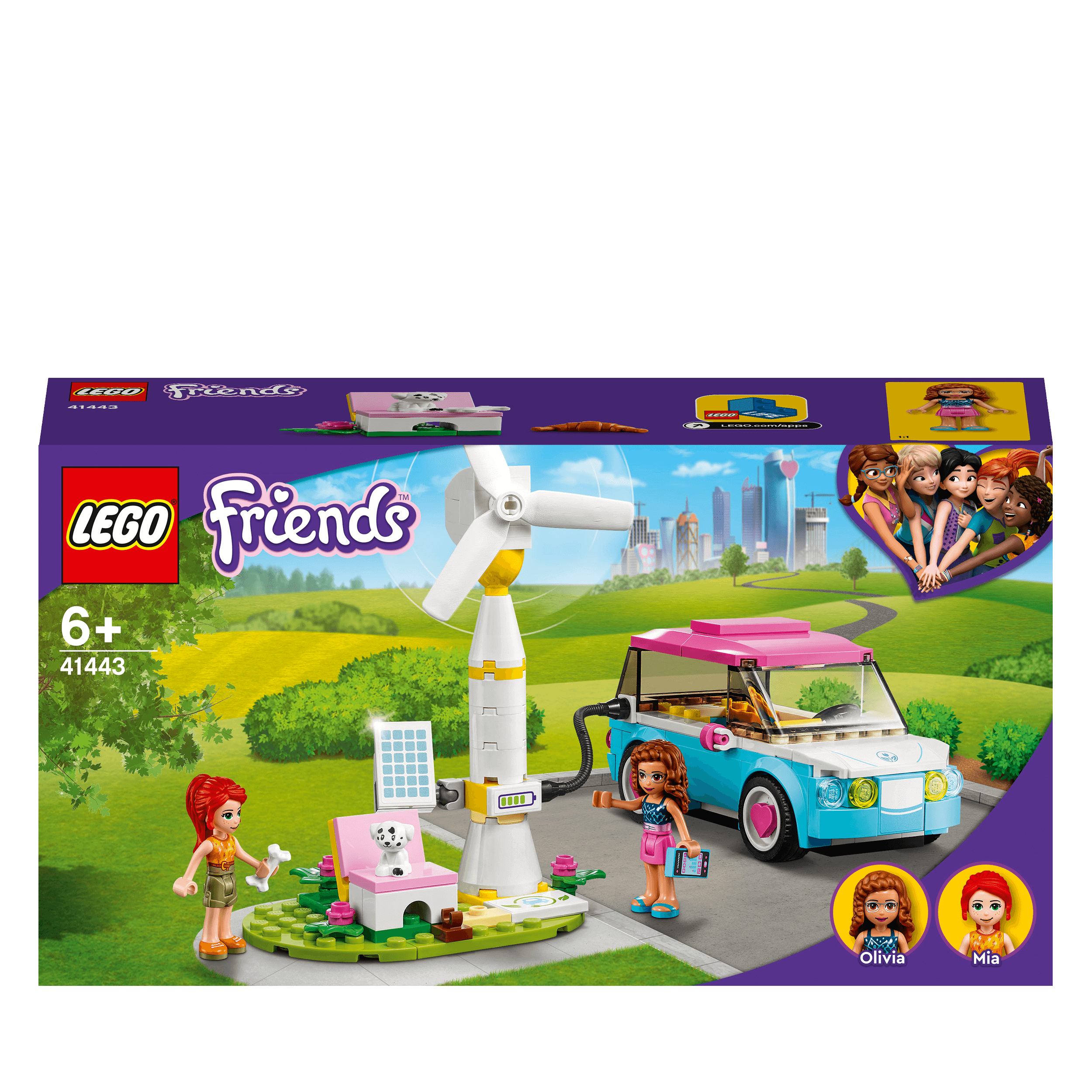 LEGO® Friends Olivia's Electric Car Toy 41443 with charging station, perfect for eco-friendly road trip adventures.