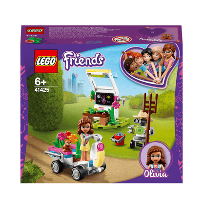 LEGO Friends Olivia's Flower Garden play set 41425 featuring a greenhouse, vehicle, and fun accessories for kids.