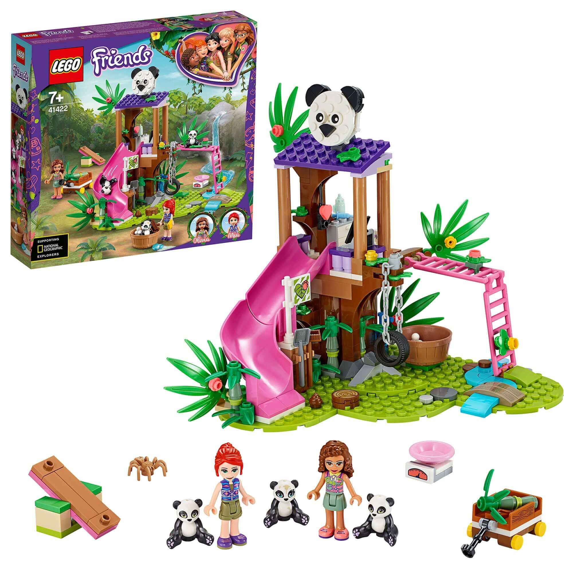 LEGO Friends Panda Jungle Tree House Toy 41422 for wildlife exploration, featuring panda figures and jungle playset.