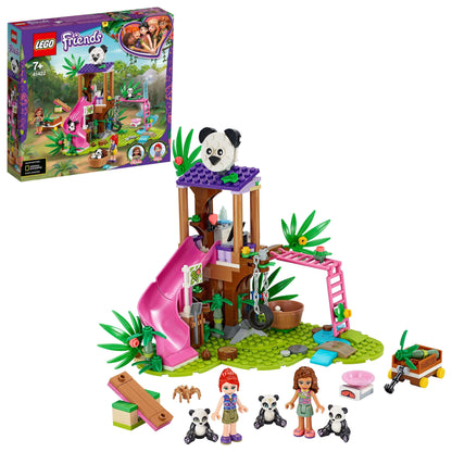 LEGO Friends Panda Jungle Tree House set 41422 with characters, slide, panda figures, and wildlife elements for kids.