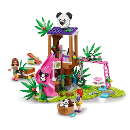 LEGO Friends Panda Jungle Tree House 41422 playset with pandas, kids, slide, and greenery for wildlife exploration.
