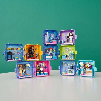 LEGO® Friends Stephanie's Play Cube Set 41401 showcasing colorful cubes with mini figures and baking toy elements.