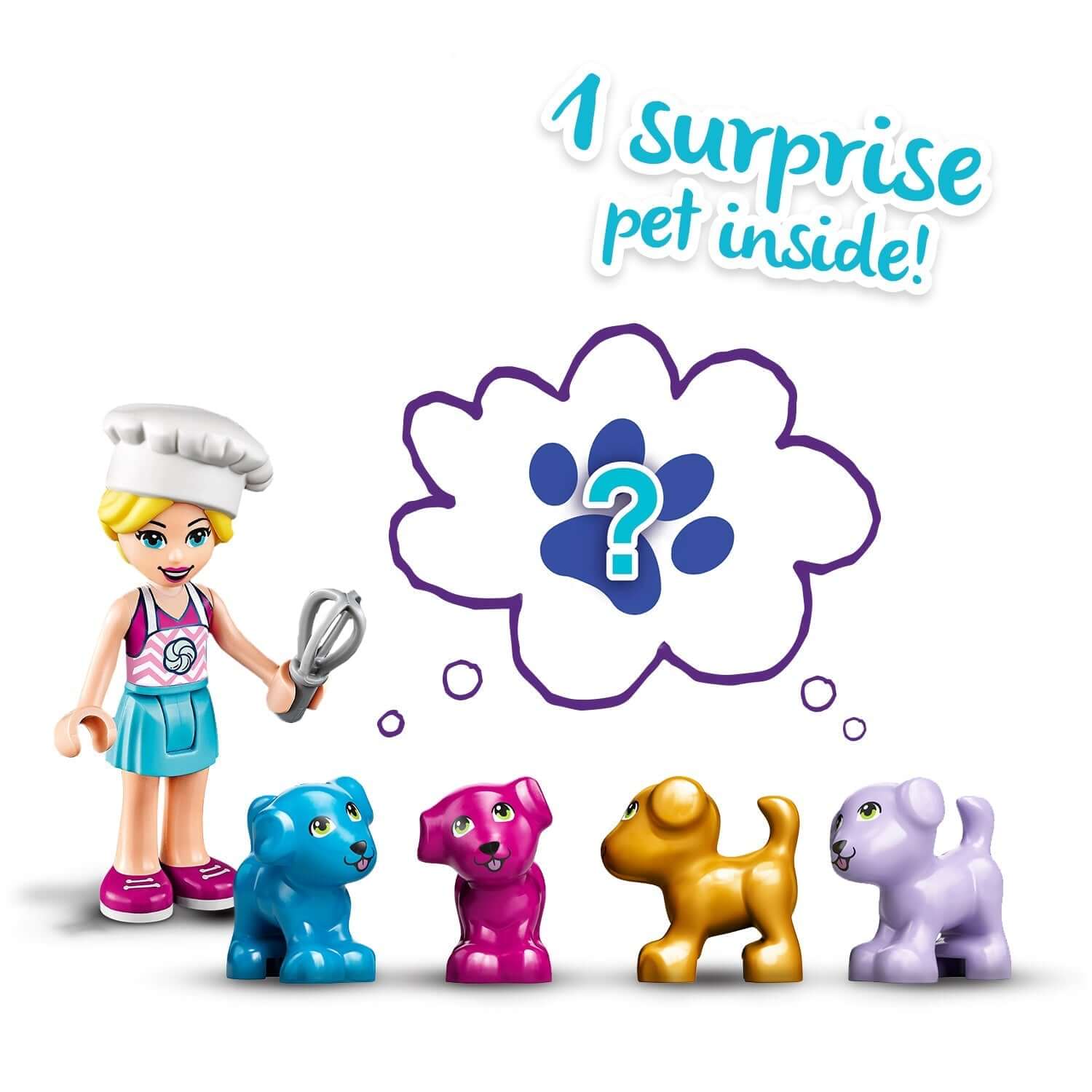LEGO Friends Stephanie with baking elements and surprise pet figures, perfect for imaginative play and fun.
