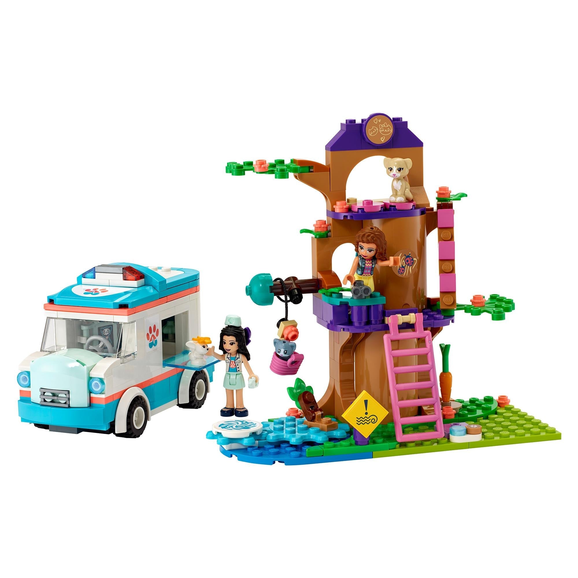 LEGO Friends Vet Clinic Ambulance Toy Car 41445 with treehouse and playful dog, perfect for kids' rescue play.