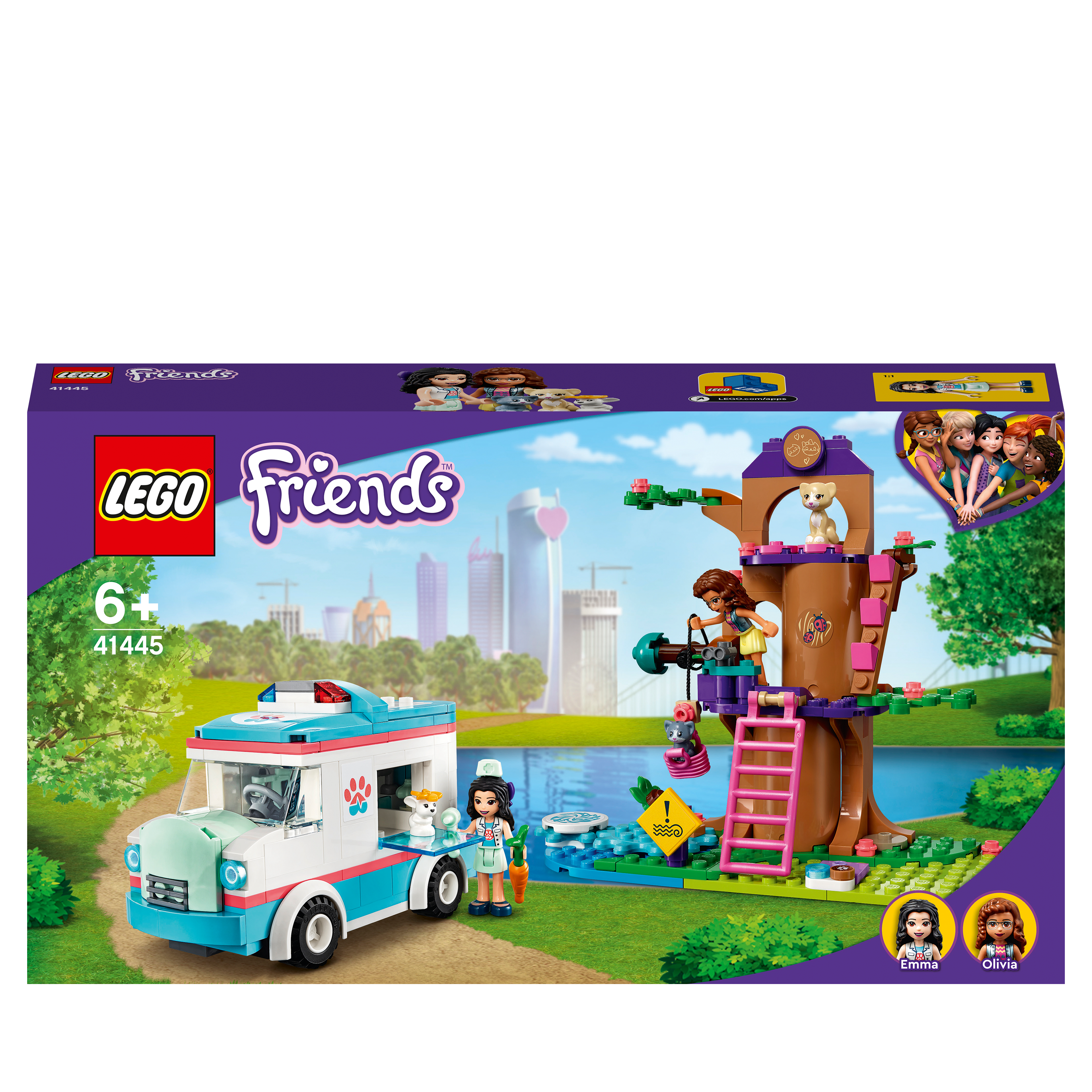 LEGO Friends Vet Clinic Ambulance Toy Car 41445 with tree, girls, and pets, perfect for rescue play for kids.