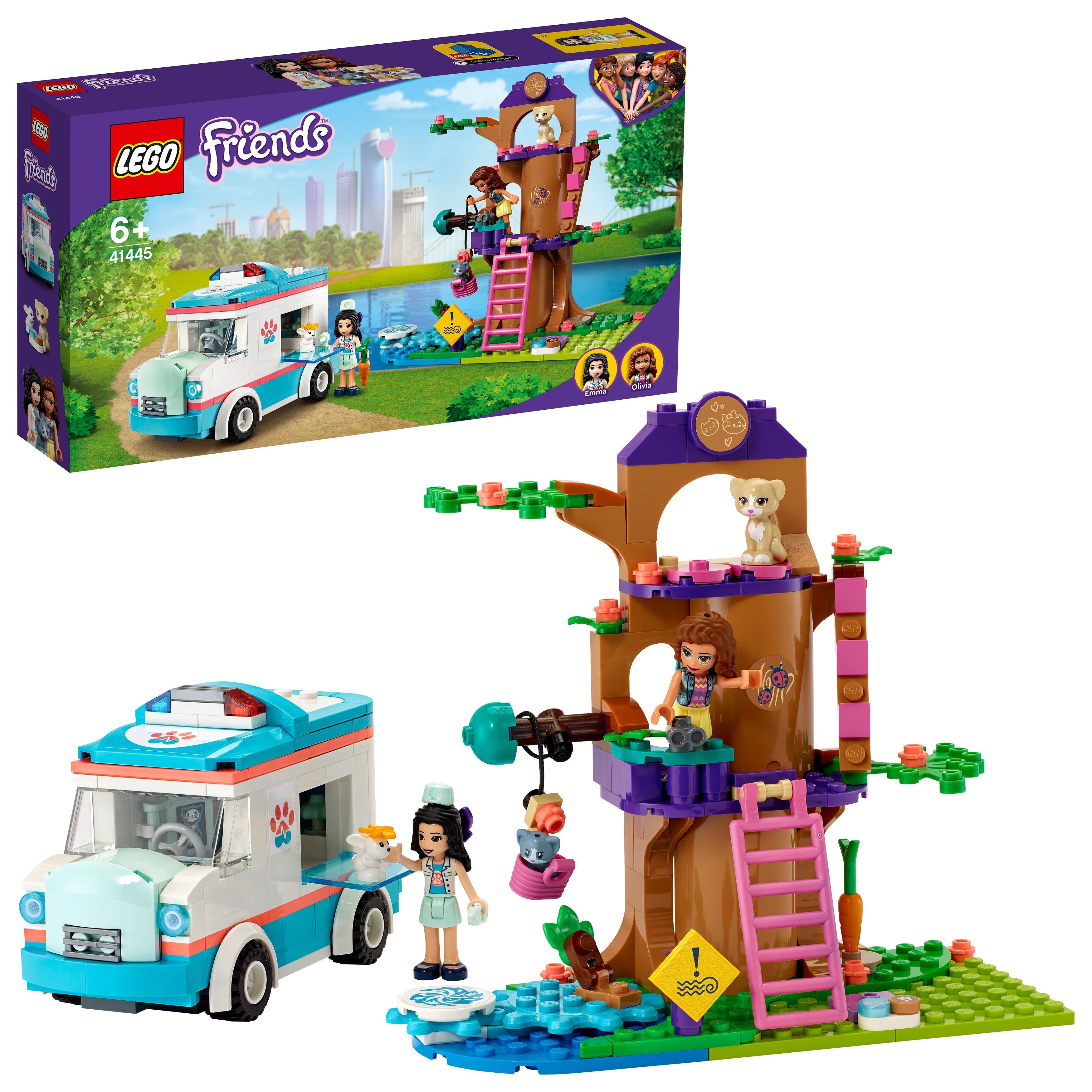 LEGO Friends Vet Clinic Ambulance Toy Car 41445 with tree house and mini dolls for rescue play.