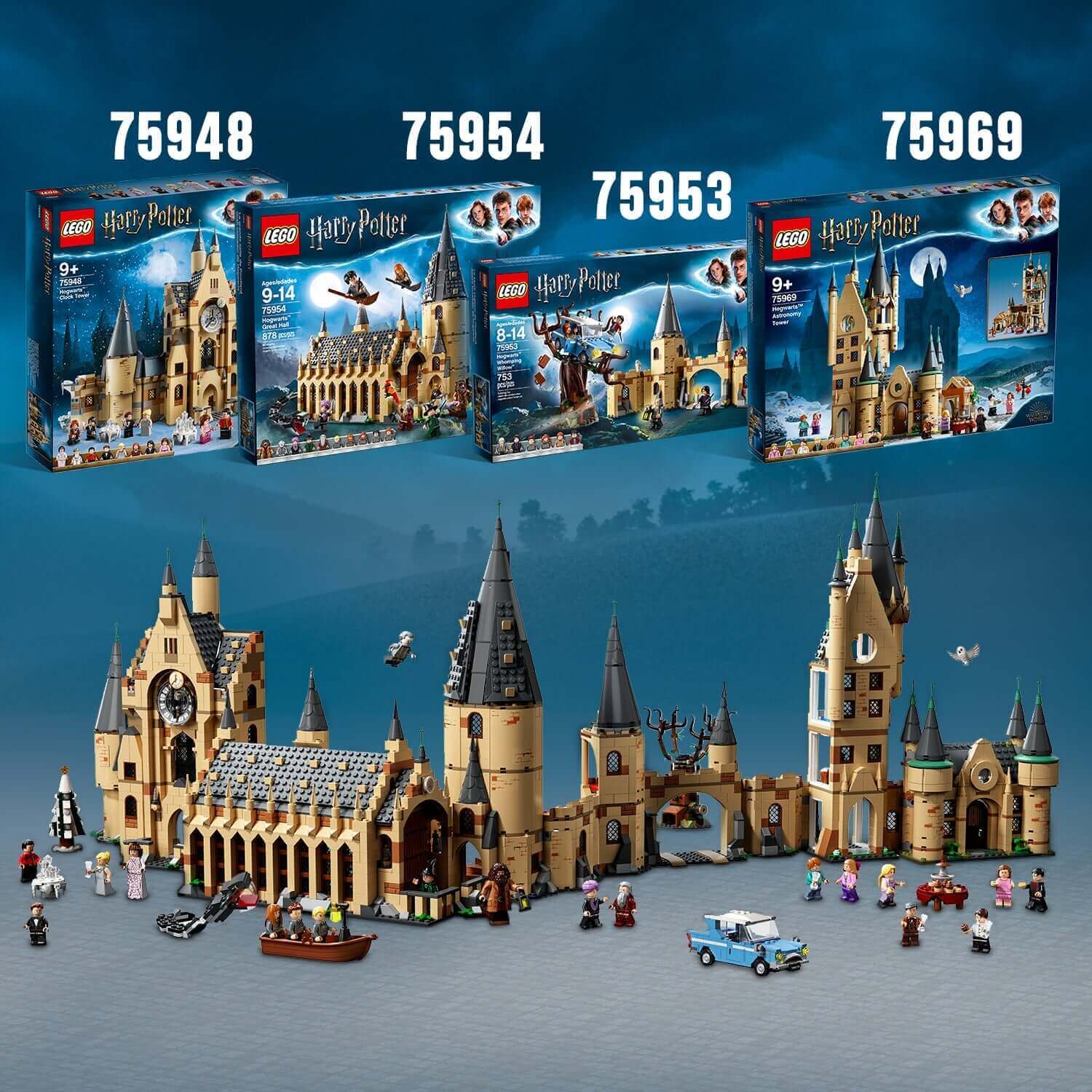 LEGO Harry Potter Hogwarts Astronomy Tower Set 75969 alongside other Hogwarts sets, showcasing iconic details and locations.