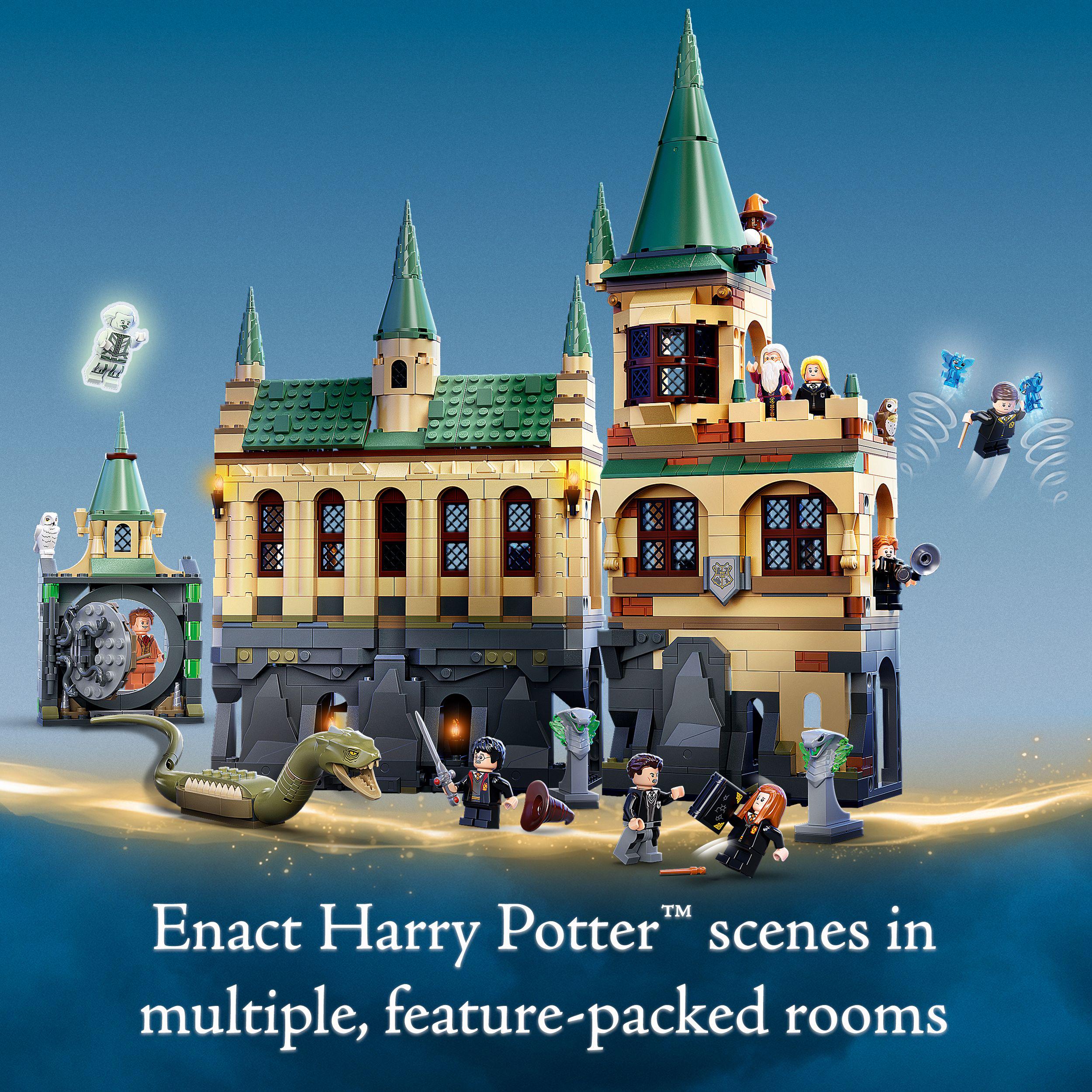 LEGO Harry Potter Chamber of Secrets set showcasing detailed Hogwarts castle with character figures and play areas.