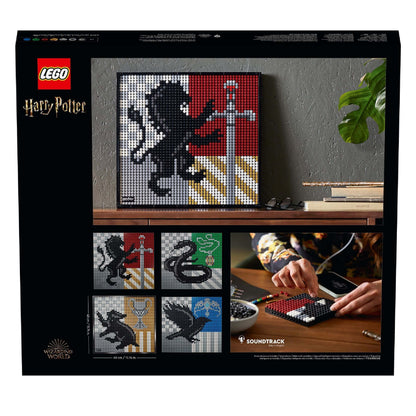 LEGO® Art Harry Potter Hogwarts Crests Set 31201 showcasing house designs and immersive soundtrack for wall art.