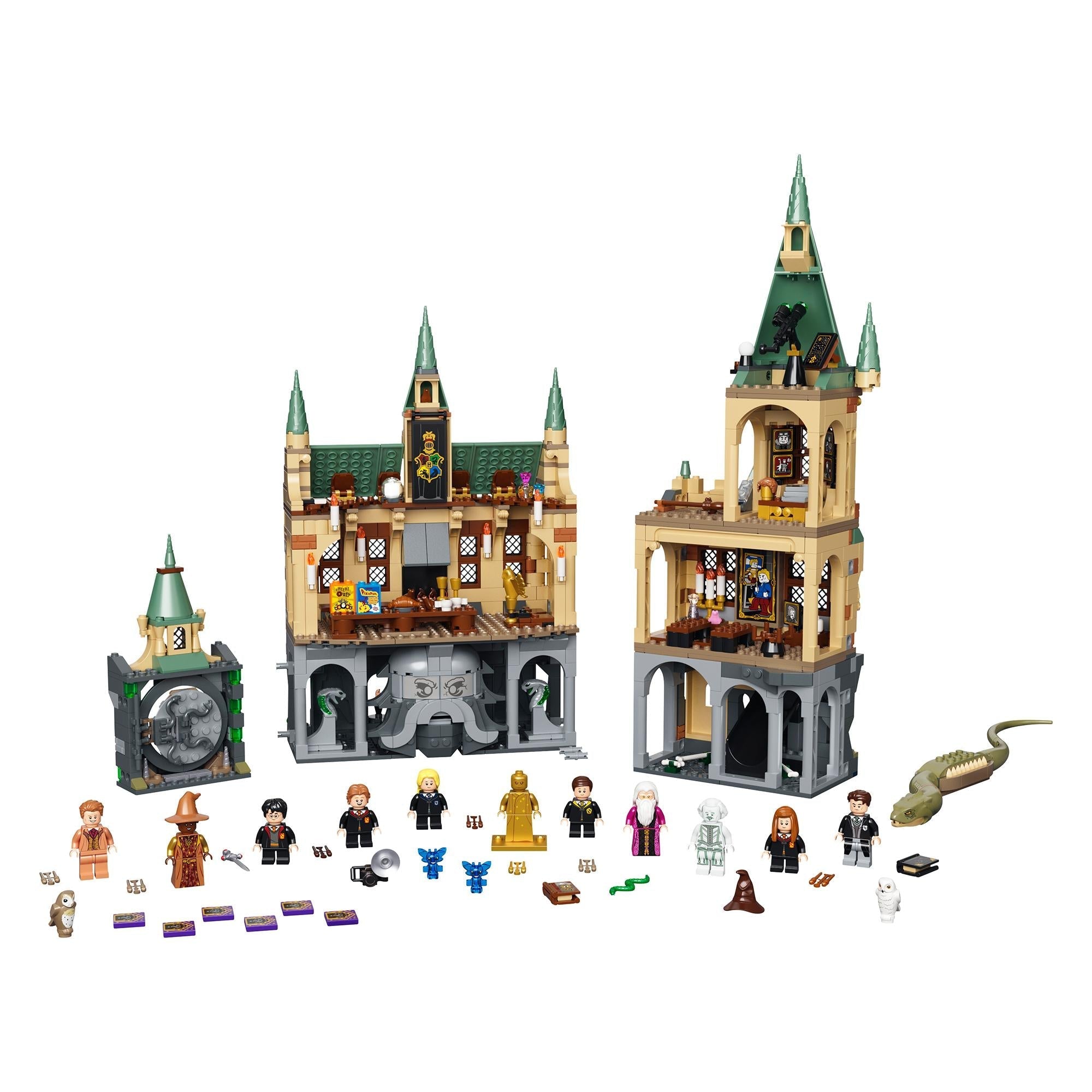 LEGO® Harry Potter Hogwarts Secrets Chamber set 76389 with Great Hall, minifigures, and accessories for imaginative play.