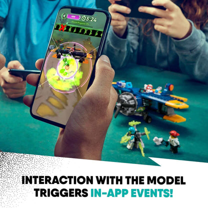 Child using a smartphone to interact with LEGO® Hidden Side set, triggering augmented reality in-app events.
