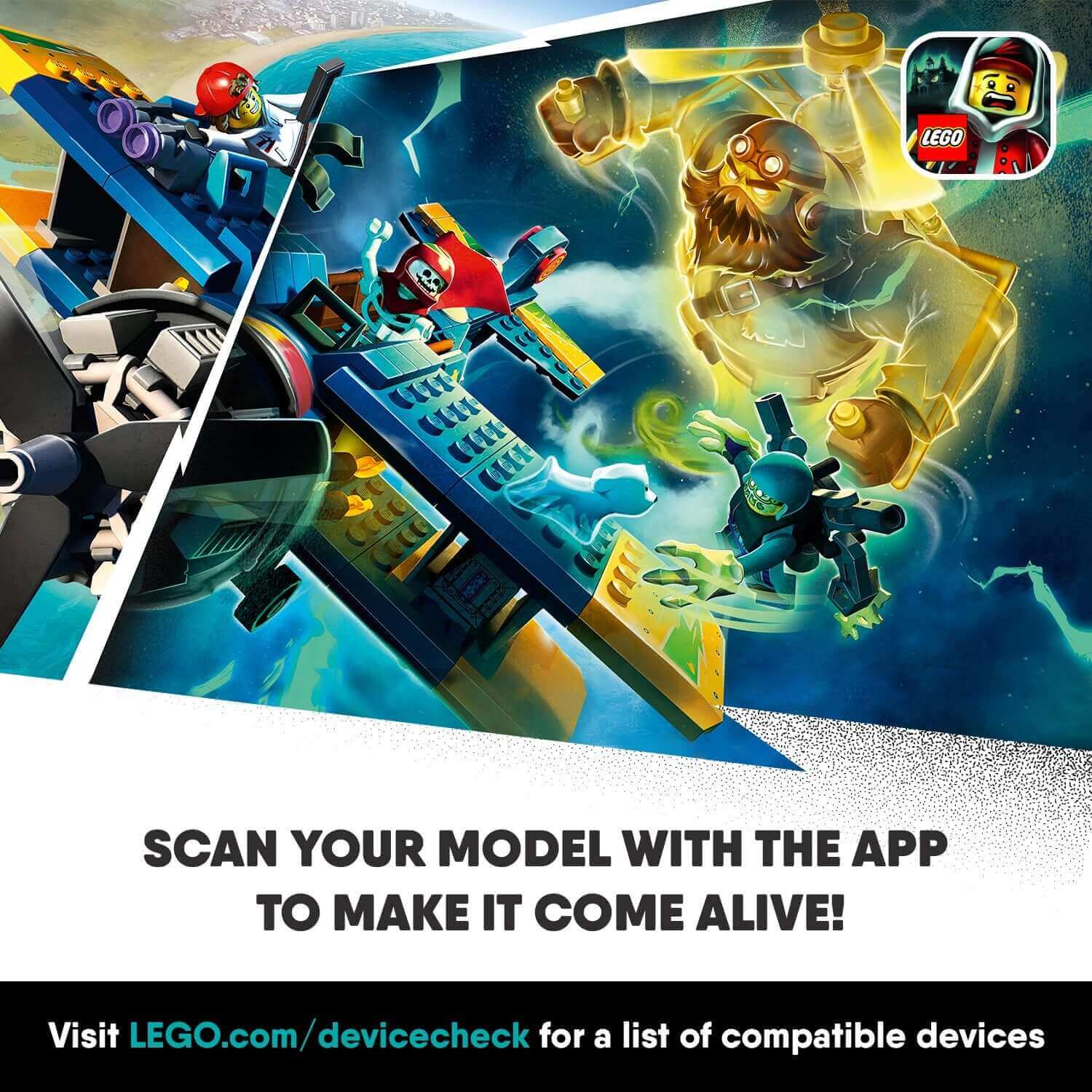 LEGO® Hidden Side set featuring El Fuego's Stunt Plane and characters, highlighting augmented reality gameplay experience.