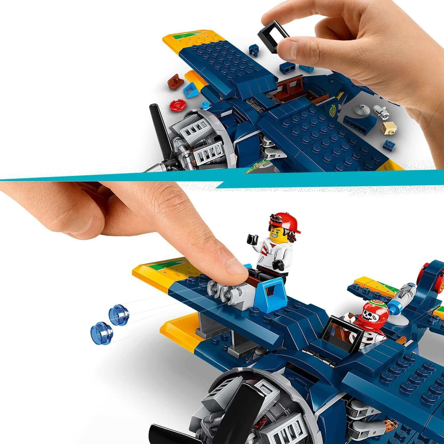 Child playing with LEGO® Hidden Side El Fuego's Stunt Plane Set 70429, featuring minifigures and interactive play.