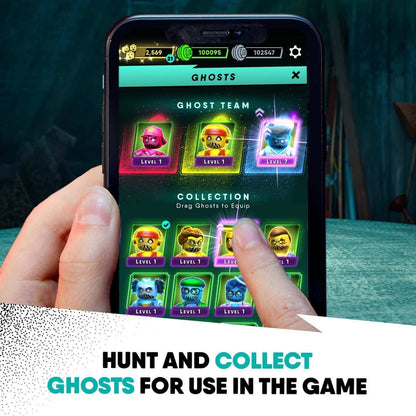 User interface of LEGO® Hidden Side game showing ghost characters and levels on mobile device.
