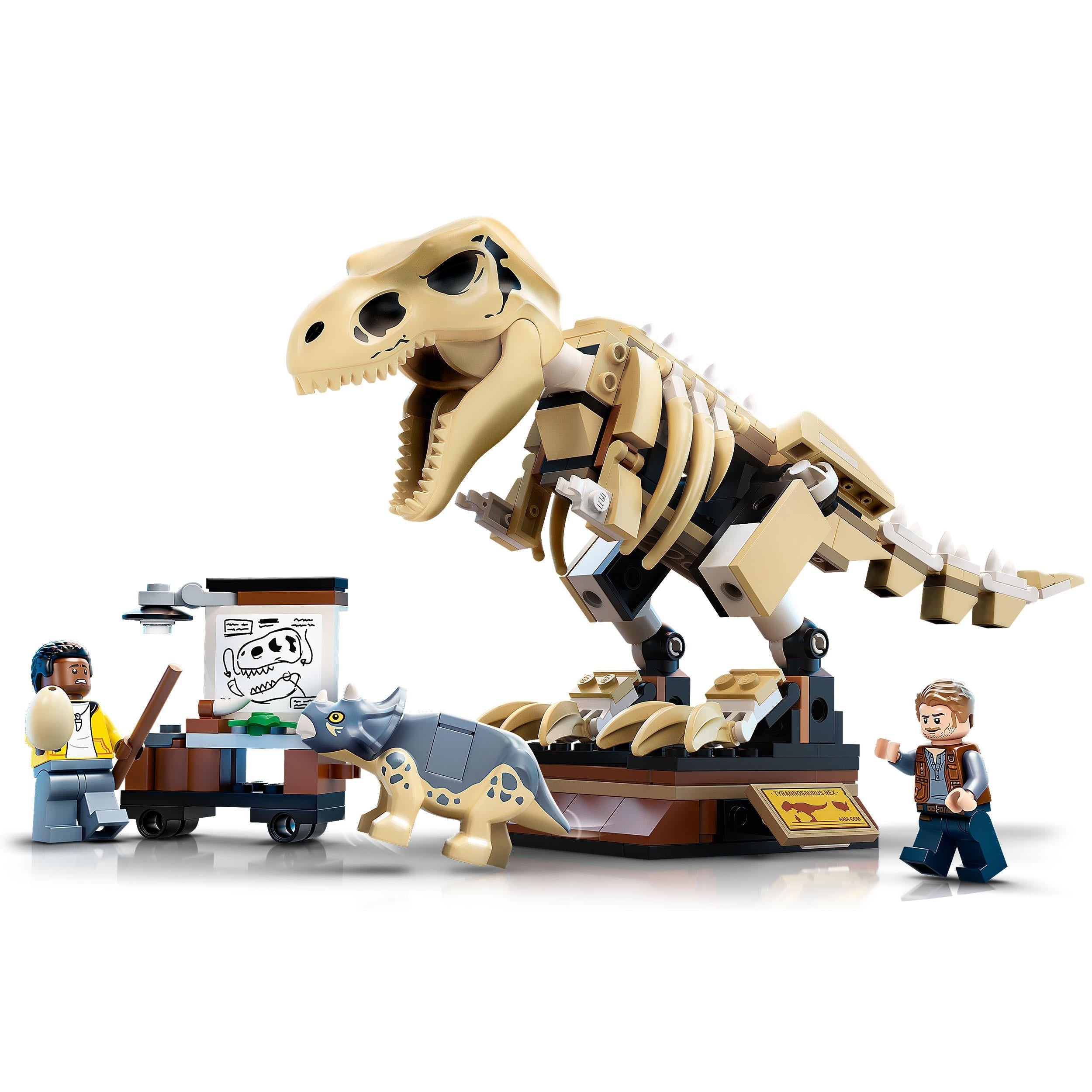 LEGO® Jurassic World T. rex Dinosaur Fossil Set 76940 with T. rex skeleton and Baby Triceratops toy figures.