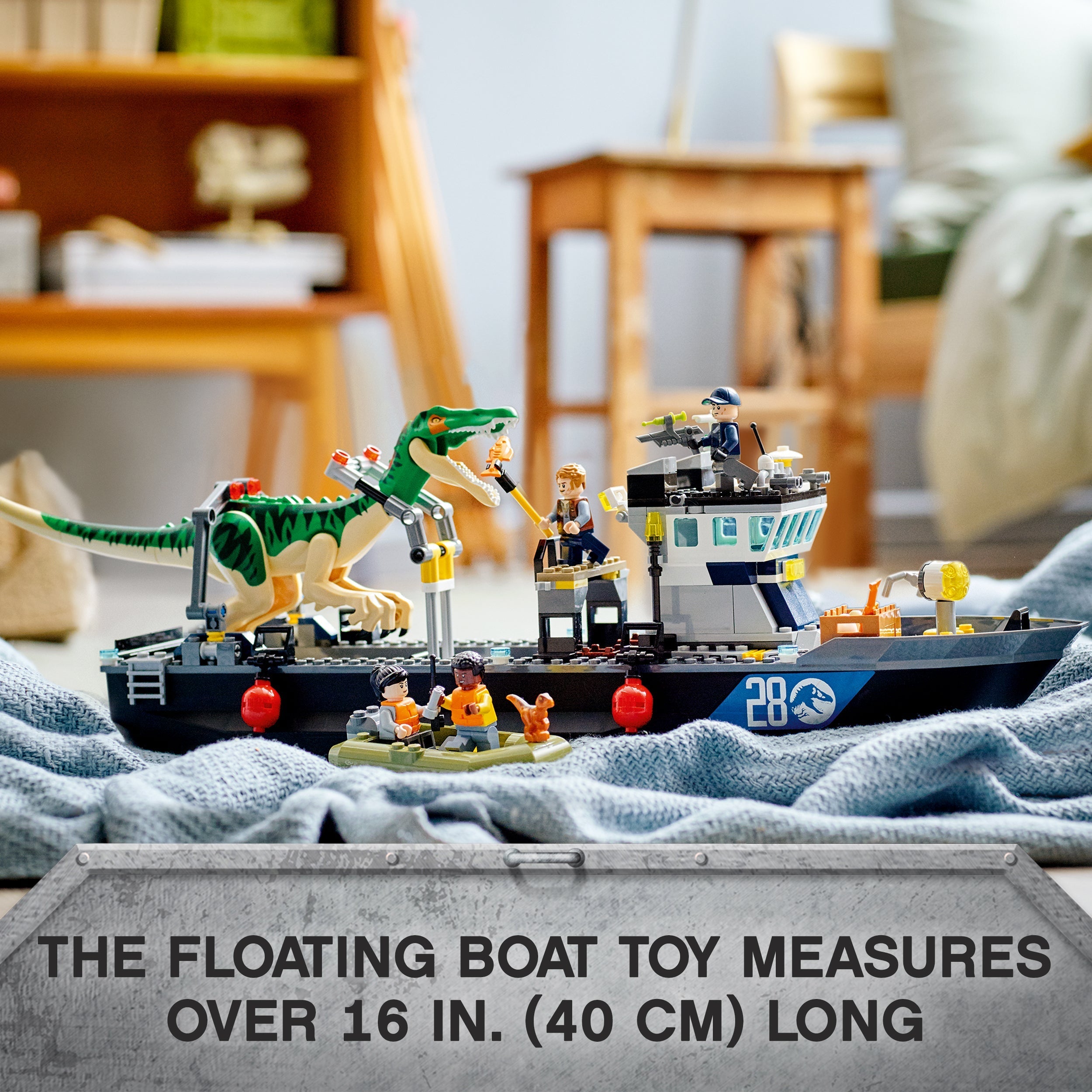 LEGO® Jurassic World Baryonyx Dinosaur Boat Toy 76942 with floating boat and figures, measuring over 16 in. long.