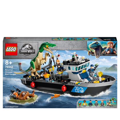 LEGO® Jurassic World Baryonyx Dinosaur Boat Toy 76942 playset with boat and dinosaur figures in a vibrant ocean setting.