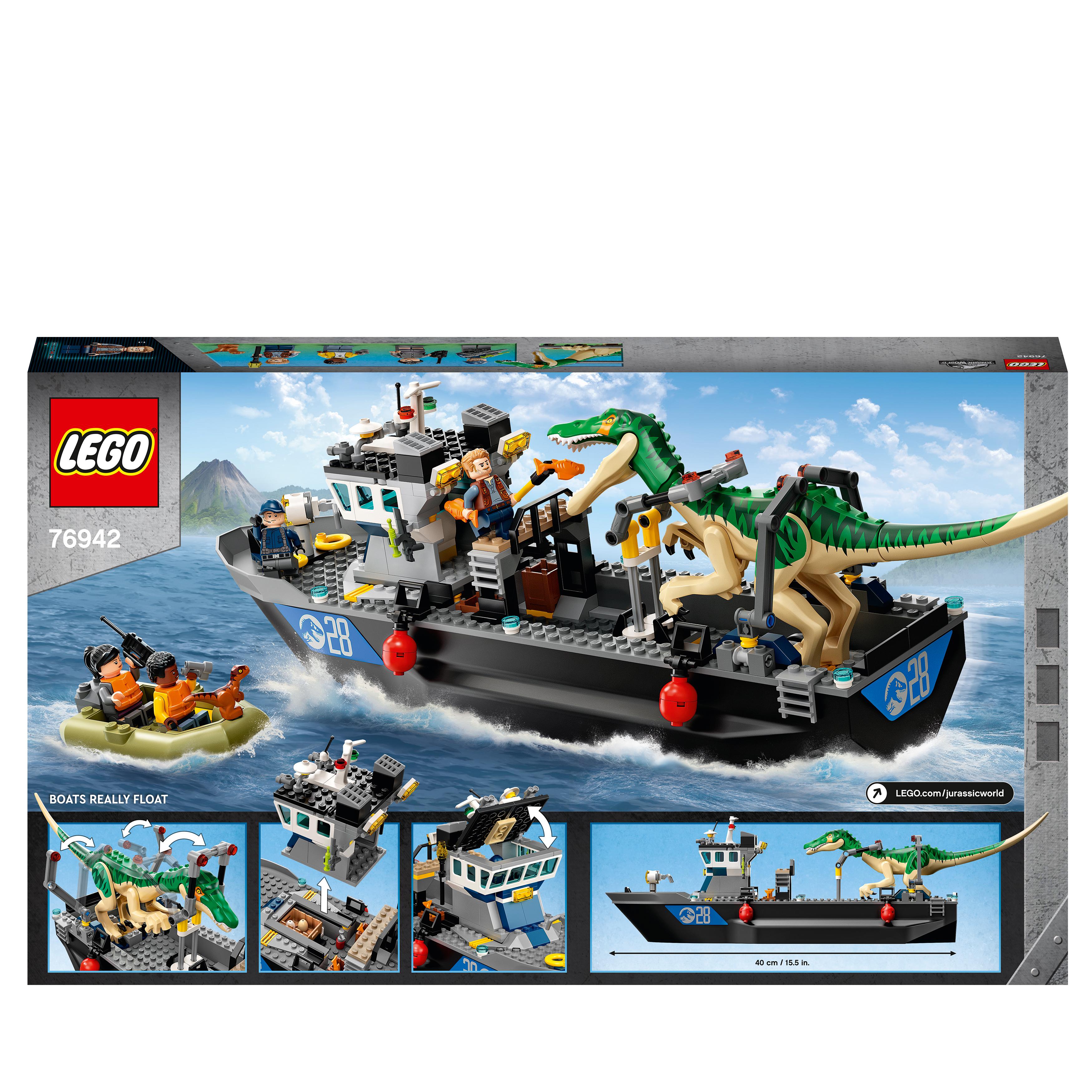 LEGO® Jurassic World Baryonyx Dinosaur Boat Toy 76942. Buildable boat with Baryonyx figure, perfect for imaginative play.