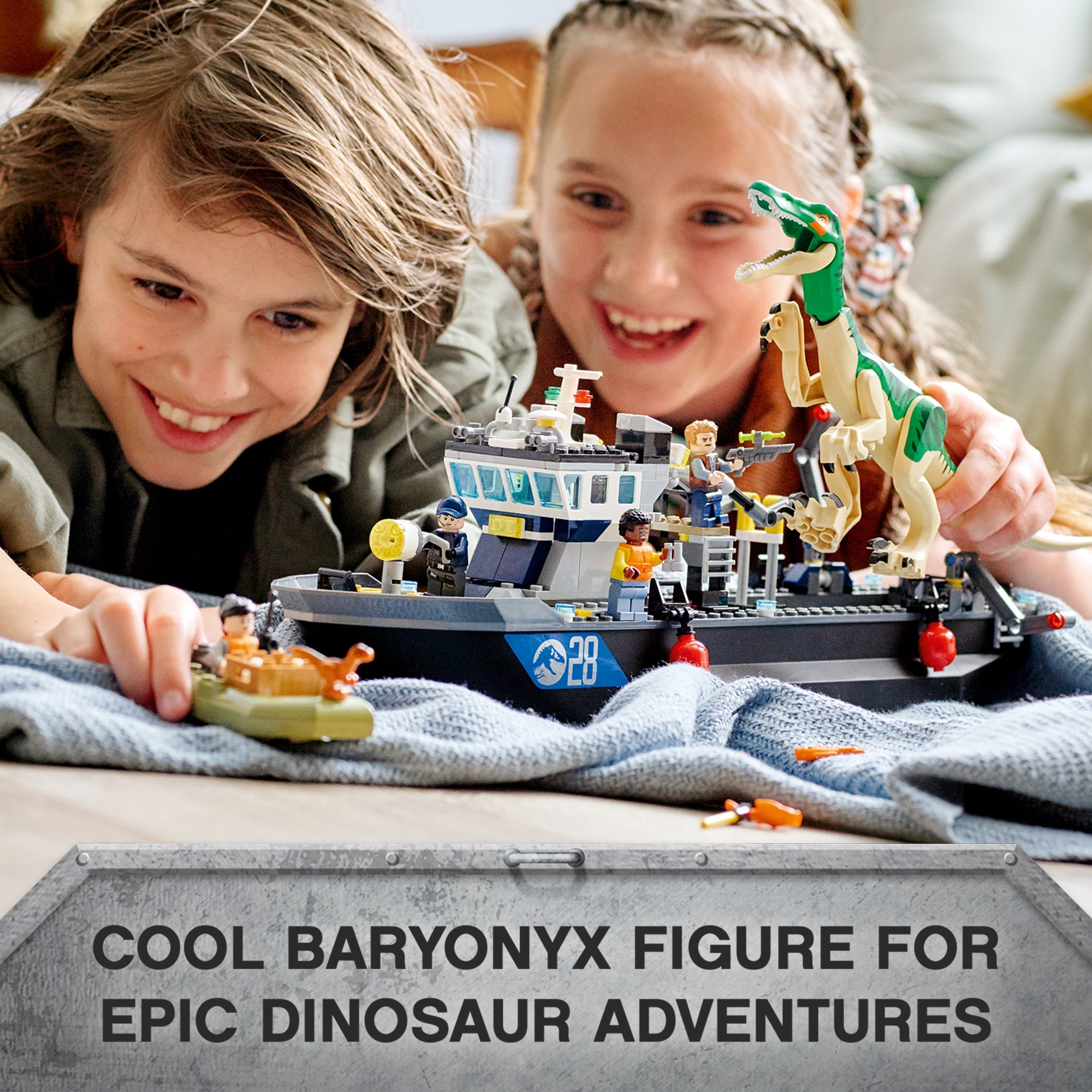 Kids enjoying the LEGO® Jurassic World Baryonyx boat toy, enhancing imaginative dinosaur adventures.