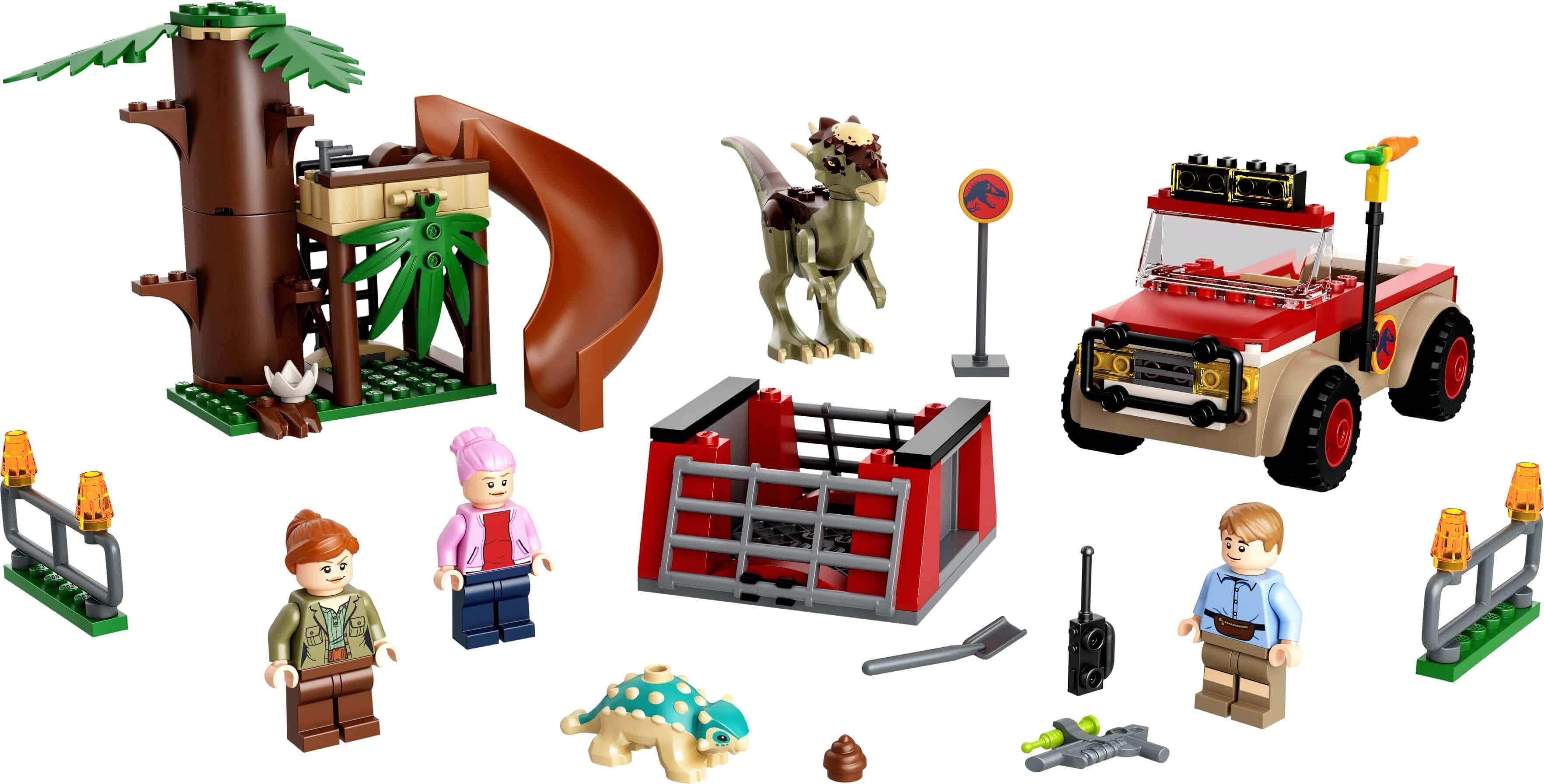 LEGO® Jurassic World Dinosaur Escape Toy 76939, featuring Stygimoloch, off-roader, tree house, and LEGO minifigures.
