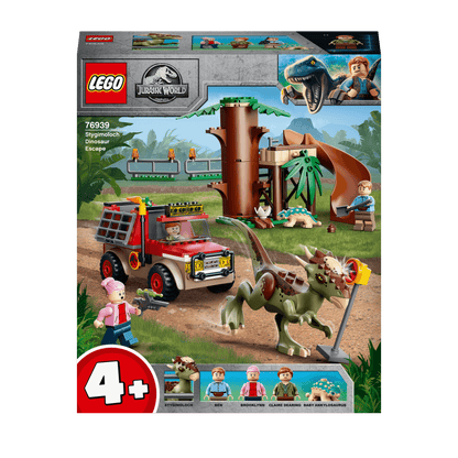 LEGO Jurassic World Dinosaur Escape Toy 76939 featuring Stygimoloch, off-roader, tree house, and kids building fun.