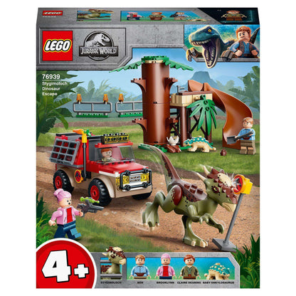 LEGO Jurassic World Dinosaur Escape 76939 set featuring Stygimoloch, off-roader, and tree house for kids age 4 and up.