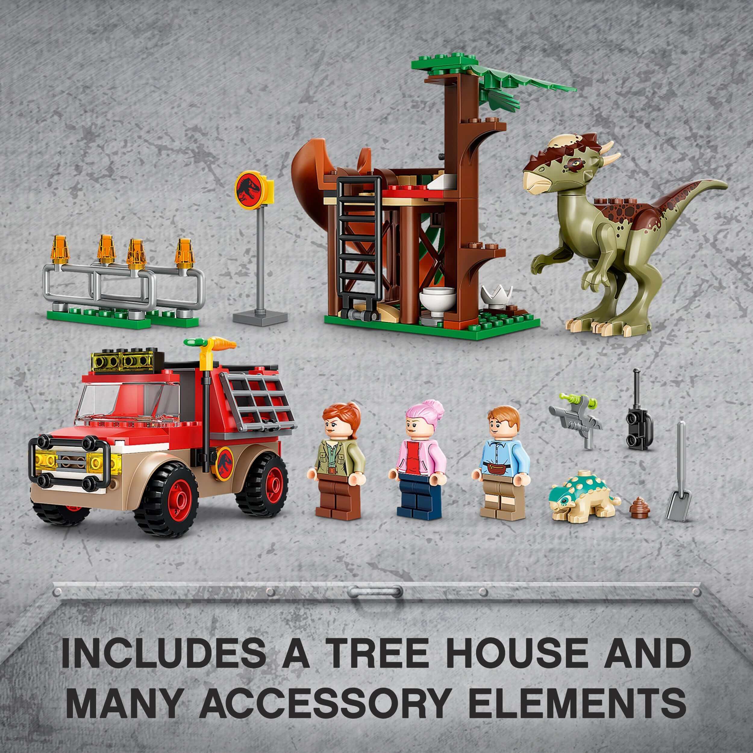 LEGO® Jurassic World Dinosaur Escape Toy set featuring a Stygimoloch, off-roader, tree house, and accessories.