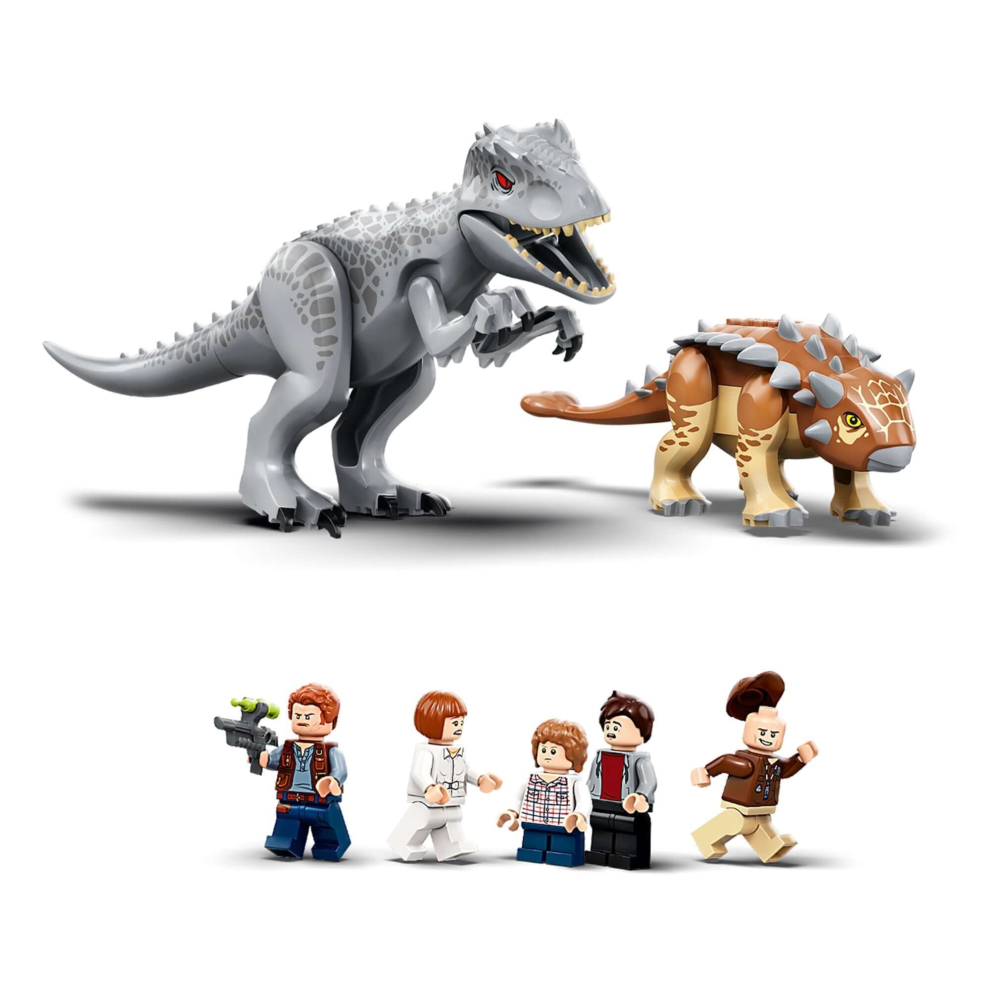 LEGO® Jurassic World Indominus Rex and Ankylosaurus figures with four characters ready for dinosaur battles.