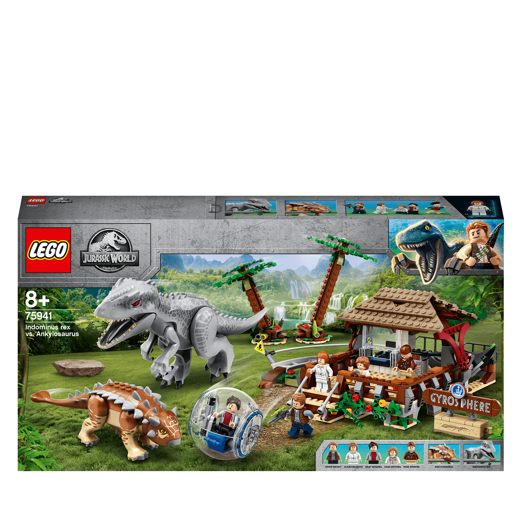 LEGO Jurassic World Indominus Rex vs. Ankylosaurus dinosaur toy set 75941 with gyrosphere for kids.