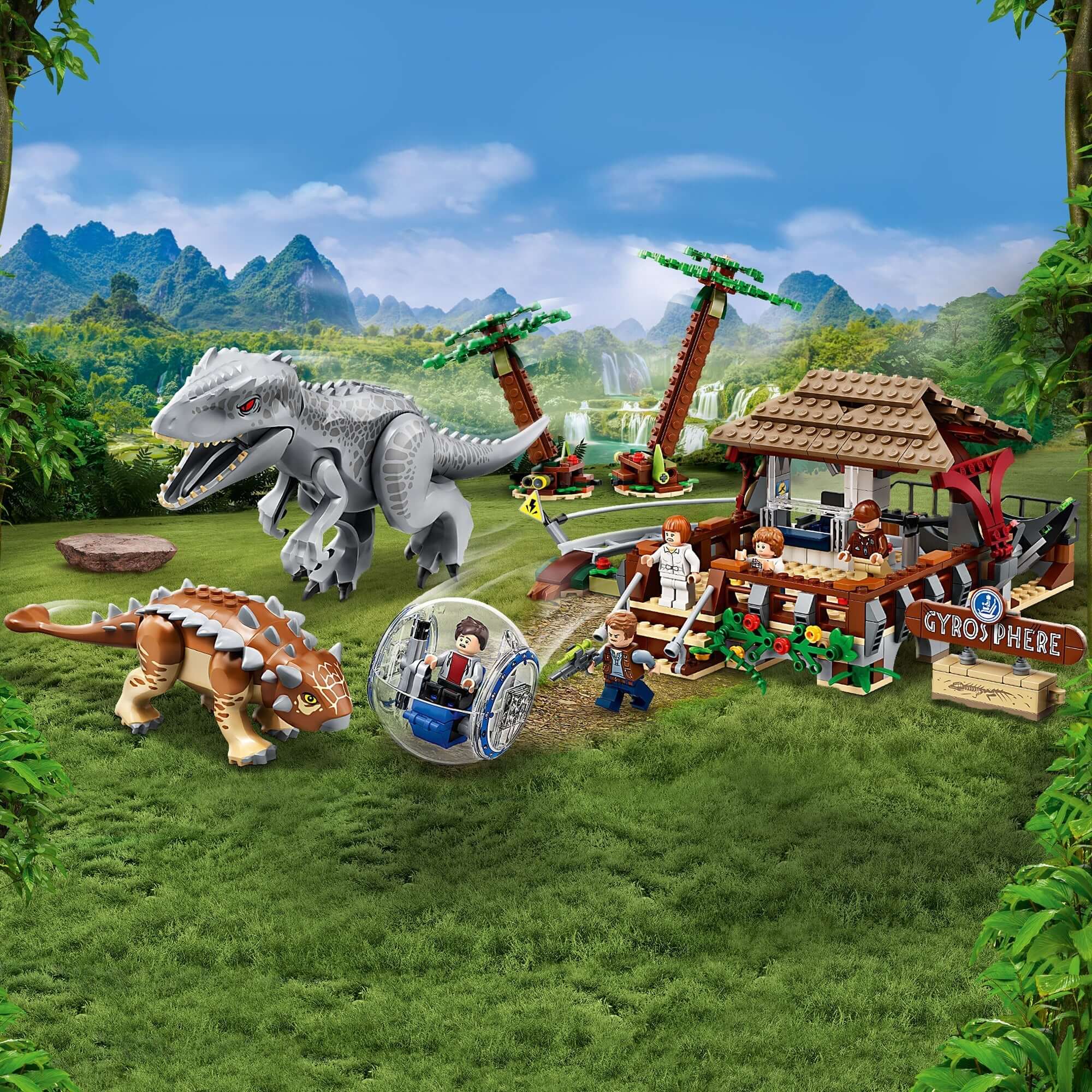 LEGO® Jurassic World Indominus Rex and Ankylosaurus dinosaur toy playset with gyrosphere in a jungle setting.