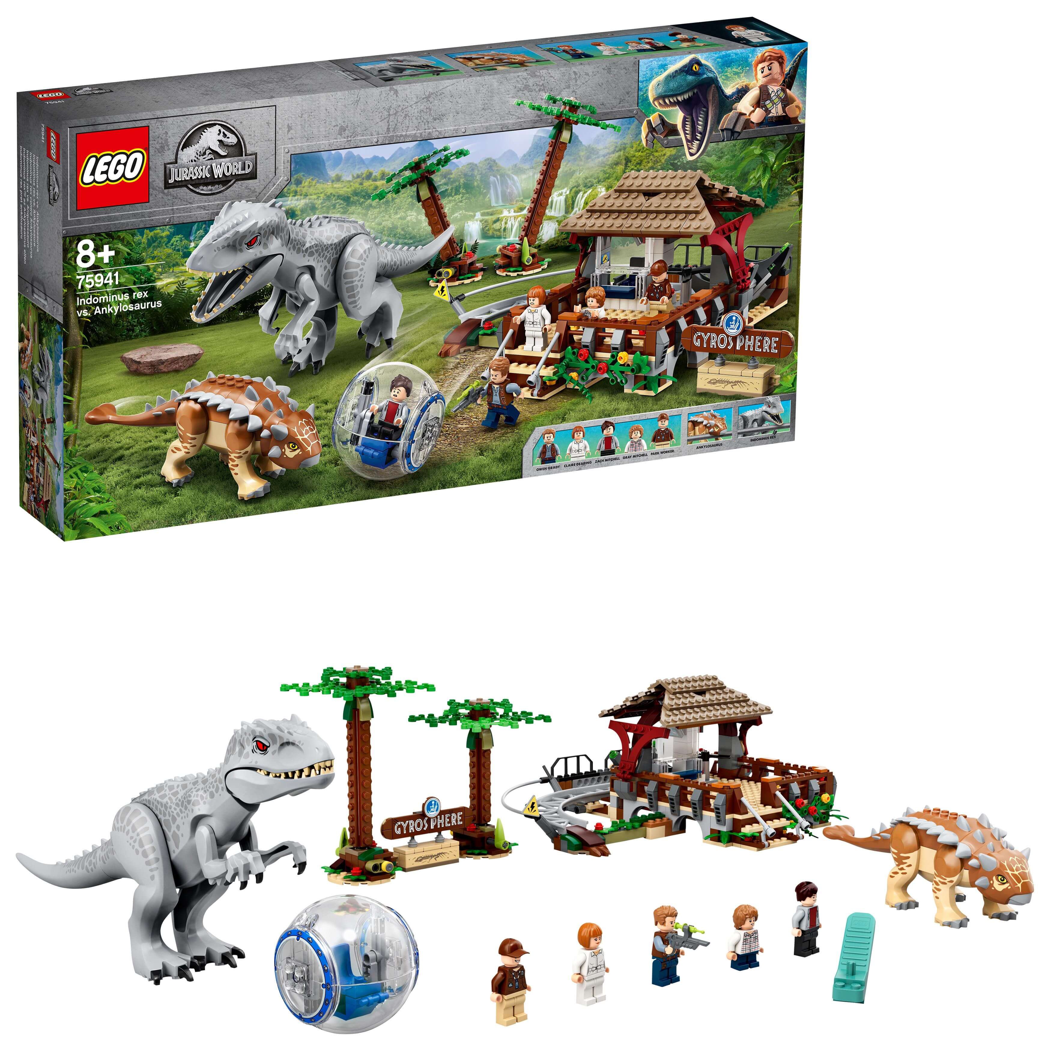 LEGO® Jurassic World Indominus Rex set 75941 featuring dinosaurs, gyrosphere, and mini-figures for epic adventures.
